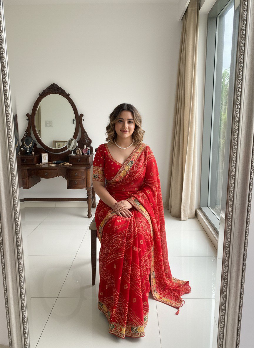 Bandhani Print Traditional Saree With Contrast Border