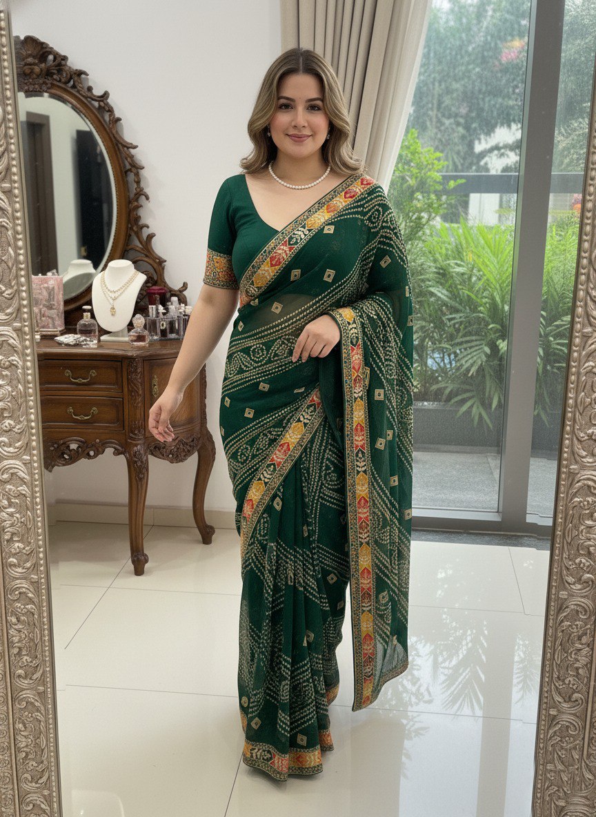 Bandhani Print Traditional Saree With Contrast Border