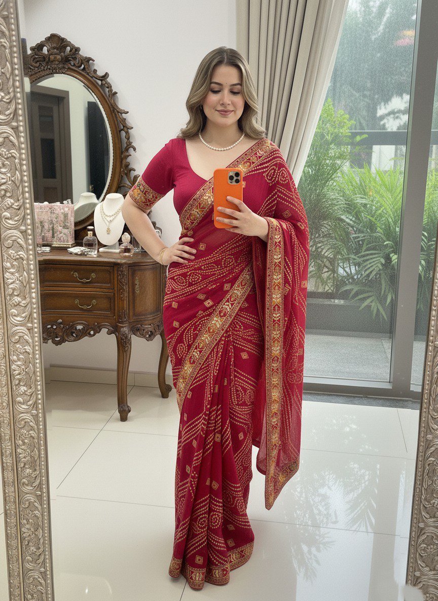 Bandhani Print Traditional Saree With Contrast Border