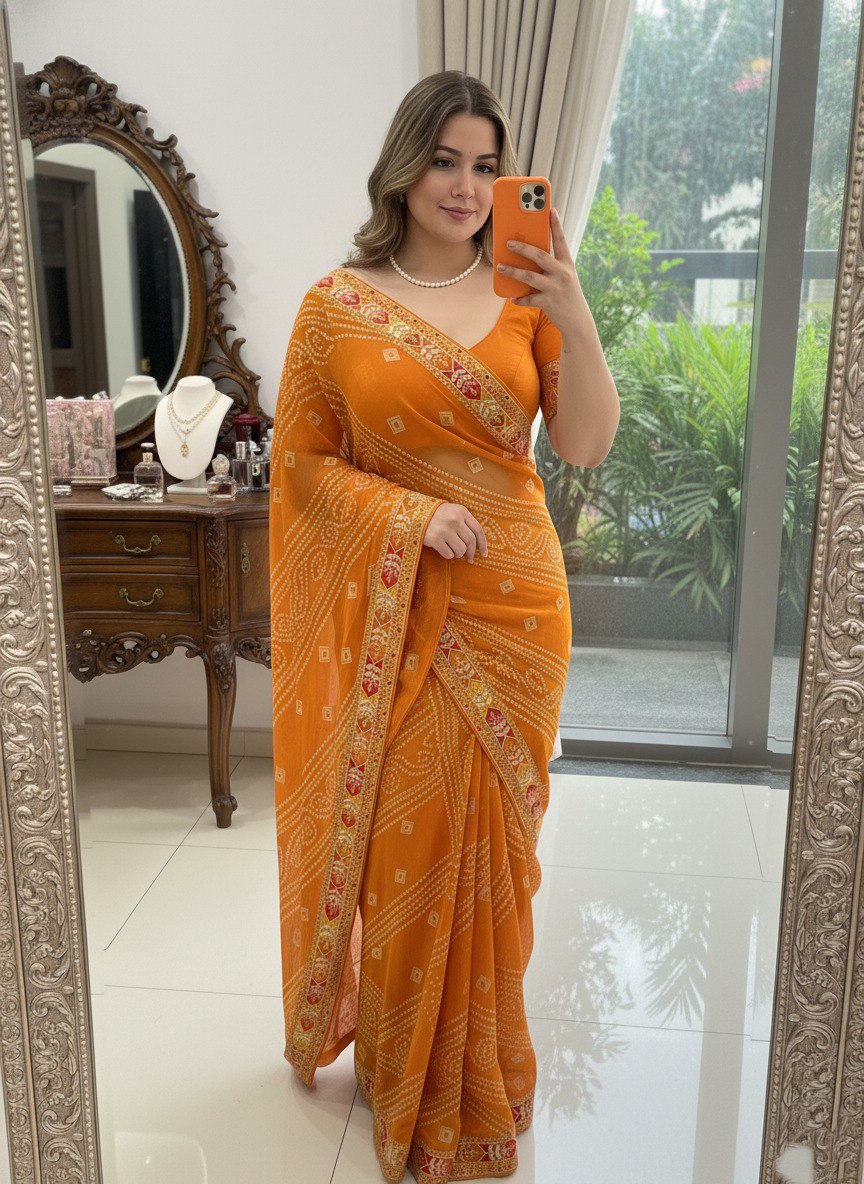 Bandhani Print Traditional Saree With Contrast Border