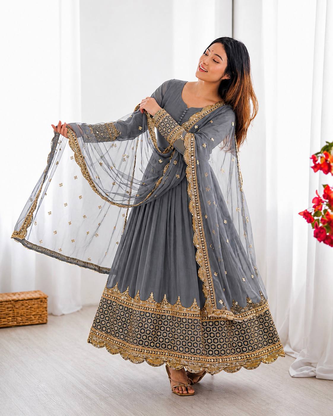 Elegant Embroidered Anarkali Ensemble with Scalloped Dupatta Festive Collection