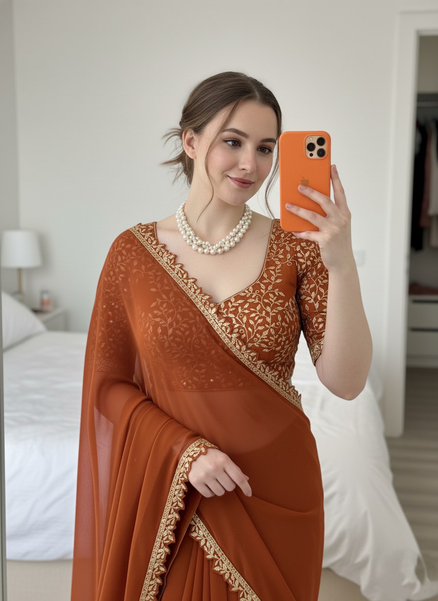 Embroidered Chiffon Saree with Designer Blouse Elegant Party & Festive Wear