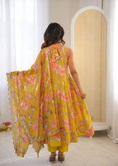 Designer Floral Anarkali with Matching Pant And Scalloped Dupatta Set