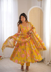 Designer Floral Anarkali with Matching Pant And Scalloped Dupatta Set