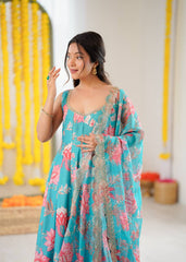 Designer Floral Anarkali with Matching Pant And Scalloped Dupatta Set