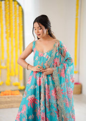 Designer Floral Anarkali with Matching Pant And Scalloped Dupatta Set