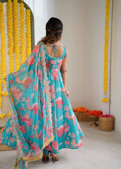 Designer Floral Anarkali with Matching Pant And Scalloped Dupatta Set