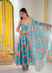Designer Floral Anarkali with Matching Pant And Scalloped Dupatta Set