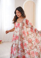 Designer Floral Anarkali with Matching Pant And Scalloped Dupatta Set