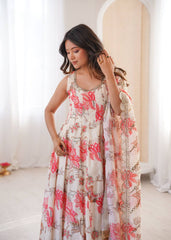 Designer Floral Anarkali with Matching Pant And Scalloped Dupatta Set