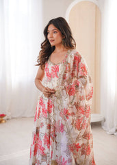 Designer Floral Anarkali with Matching Pant And Scalloped Dupatta Set