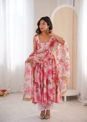 Designer Floral Anarkali with Matching Pant And Scalloped Dupatta Set