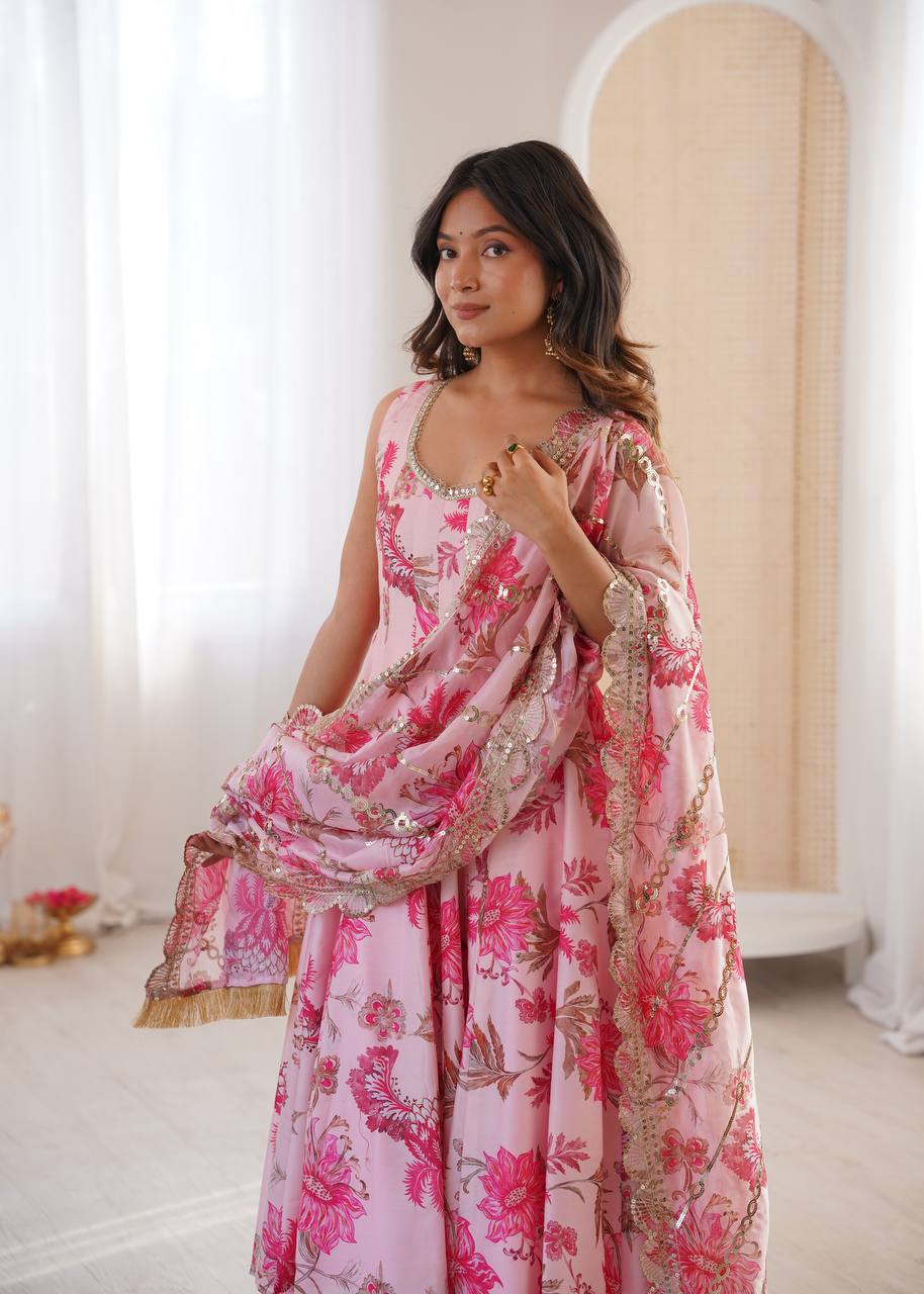 Designer Floral Anarkali with Matching Pant And Scalloped Dupatta Set