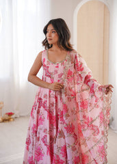 Designer Floral Anarkali with Matching Pant And Scalloped Dupatta Set
