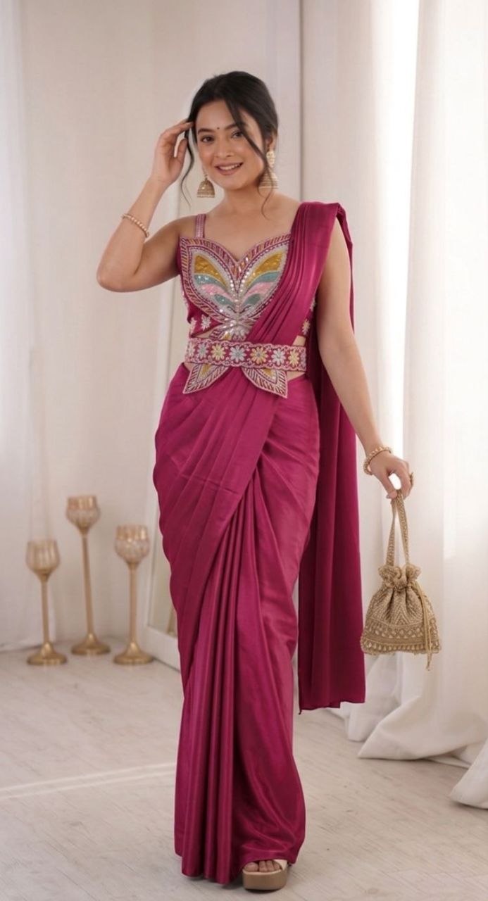 Contemporary Pre Draped Saree with Heavy Thread Work Blouse Perfect for Festive Weddings