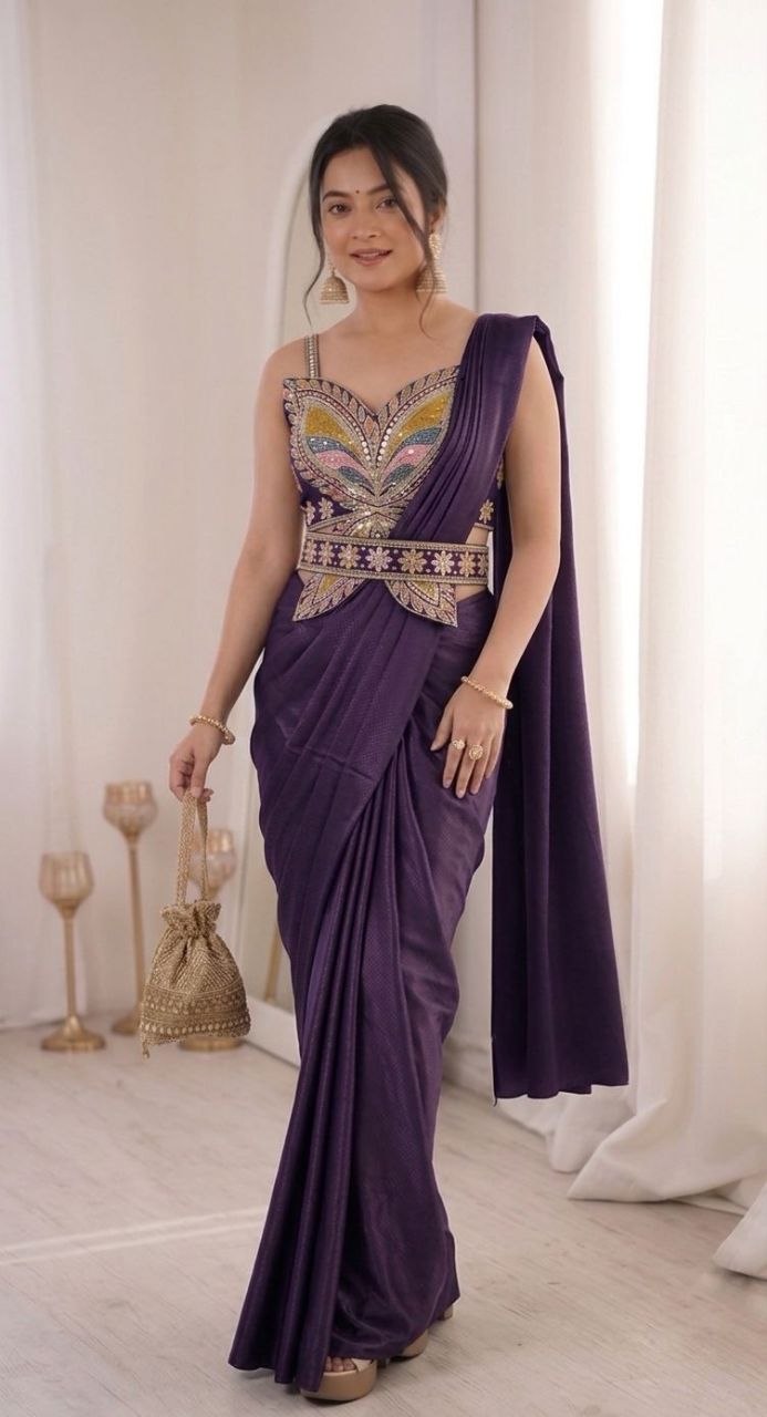 Contemporary Pre Draped Saree with Heavy Thread Work Blouse Perfect for Festive Weddings