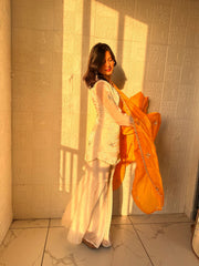 Stylish White Kurti and Bottom Set with Rich Contrast Festive Dupatta for Weddings