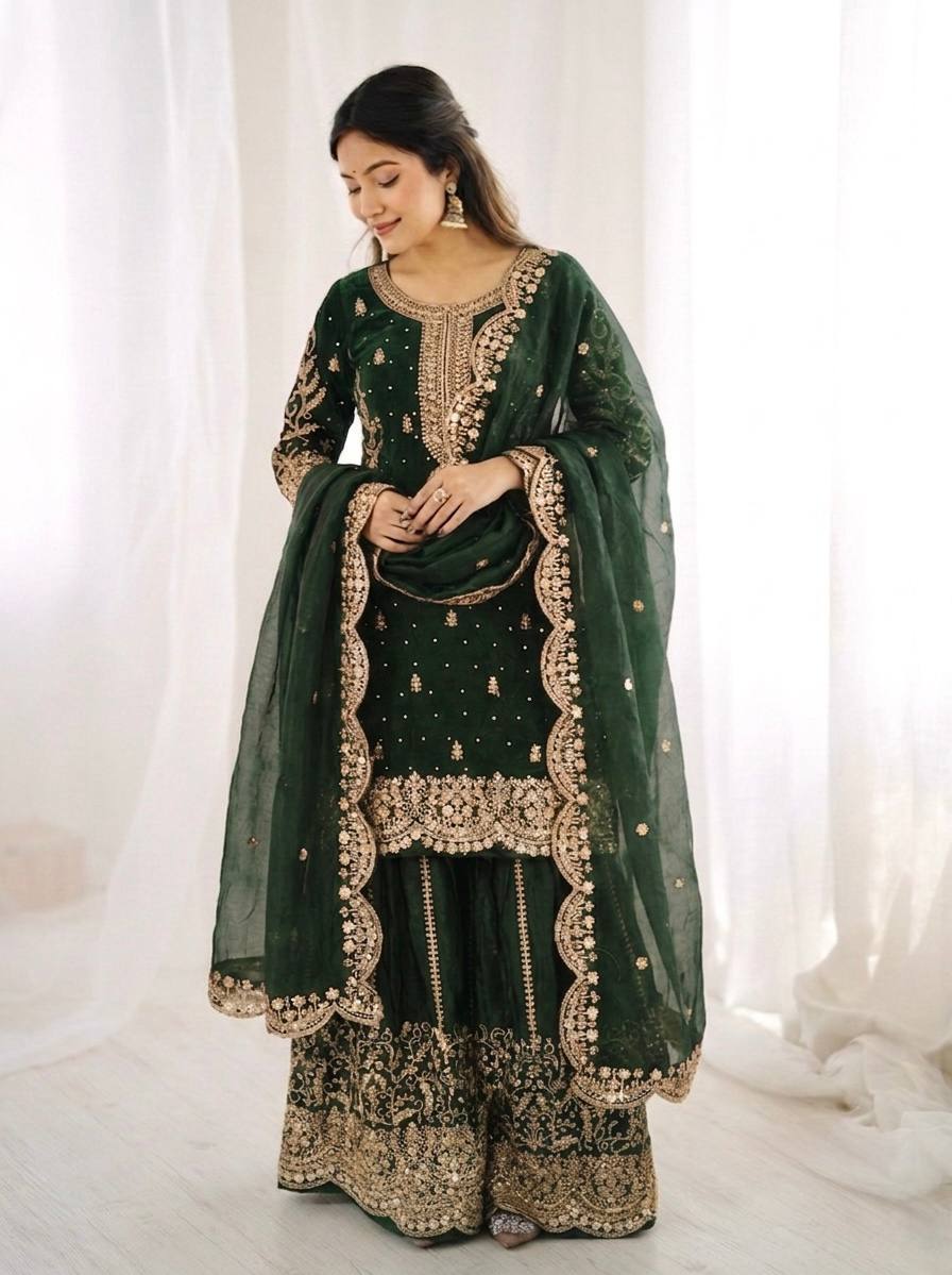 Luxurious Festive Organza Sharara Set Hand Embellished Ethnic Ensemble