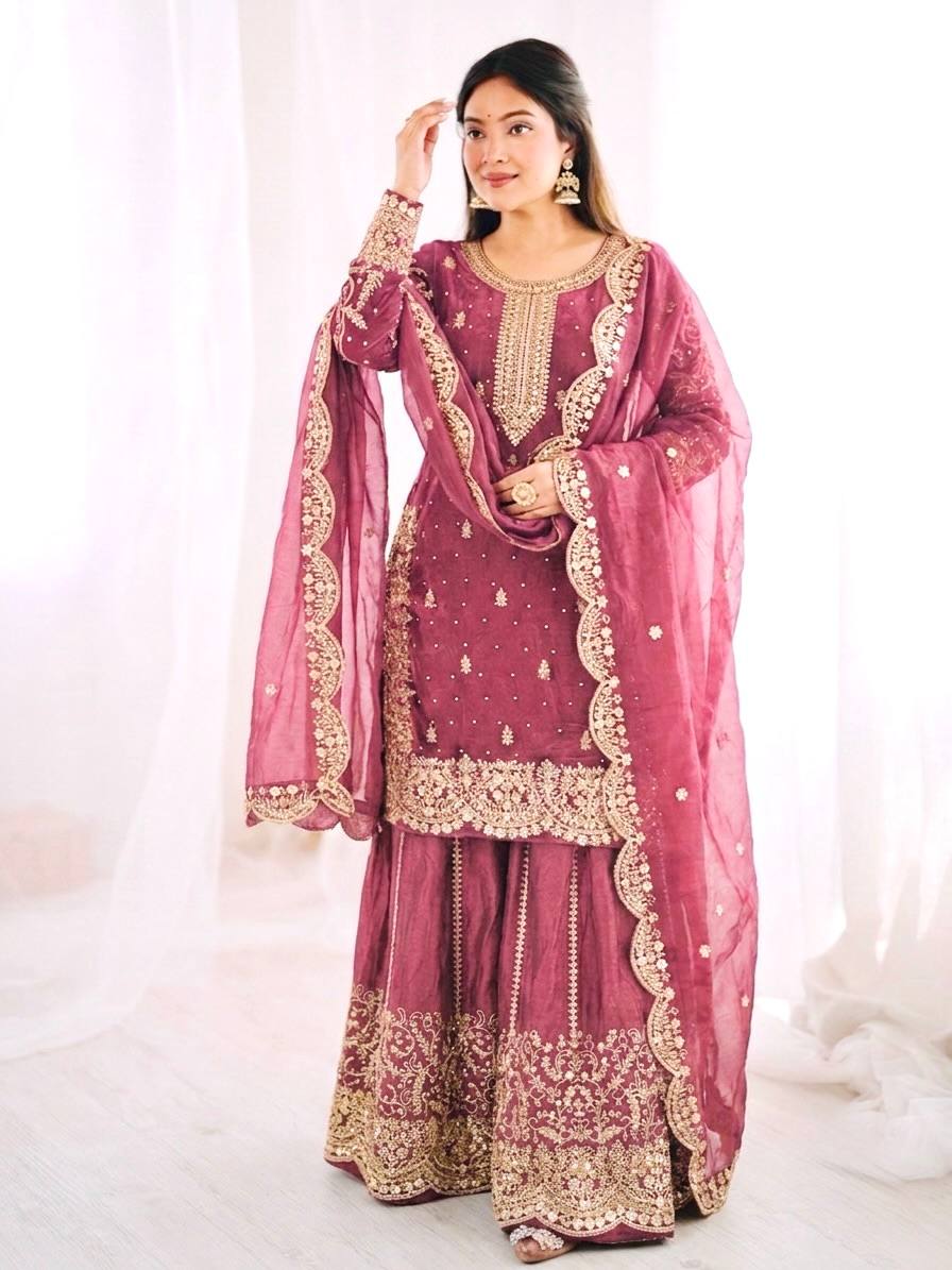 Luxurious Festive Organza Sharara Set Hand Embellished Ethnic Ensemble