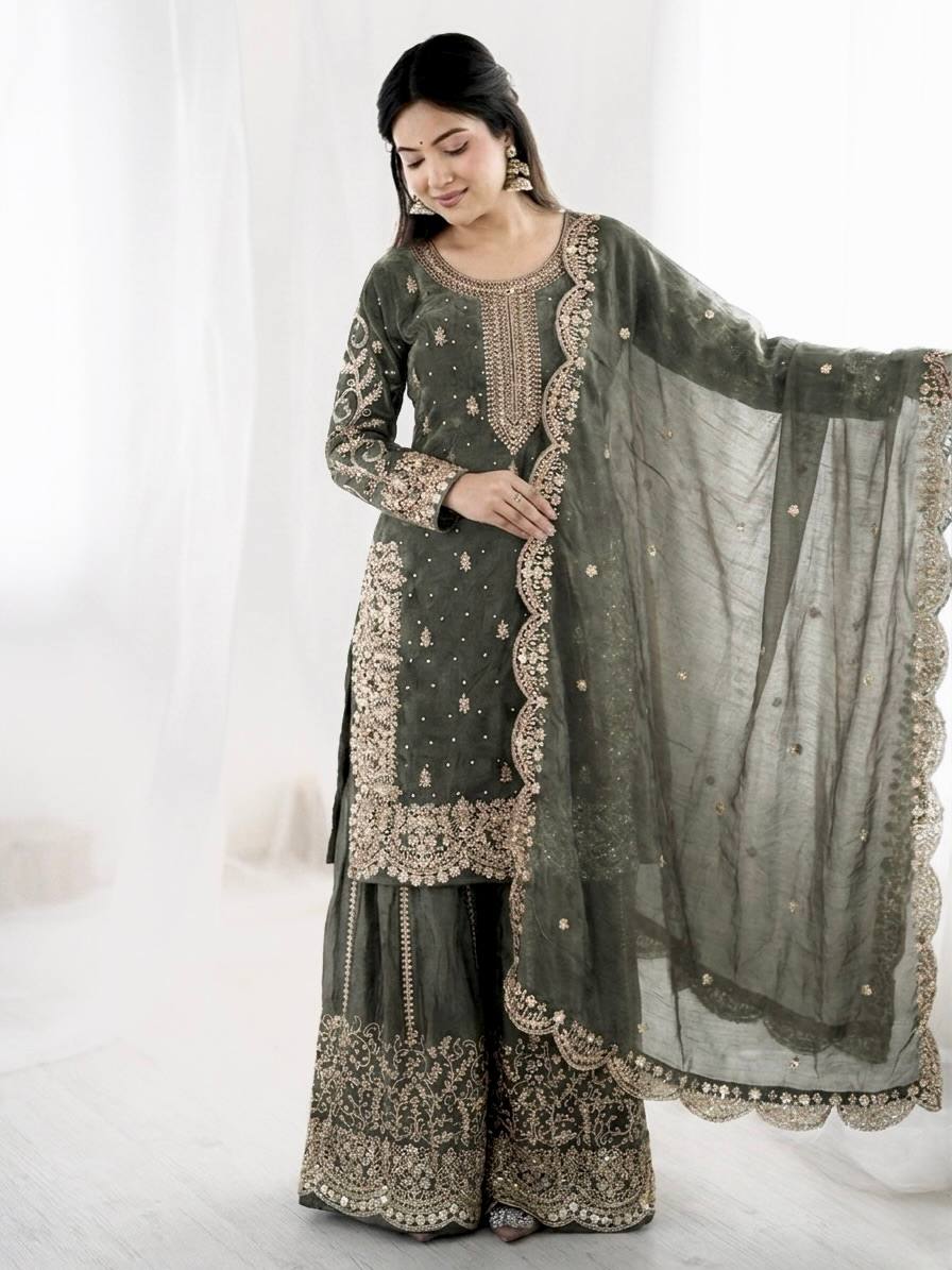 Luxurious Festive Organza Sharara Set Hand Embellished Ethnic Ensemble
