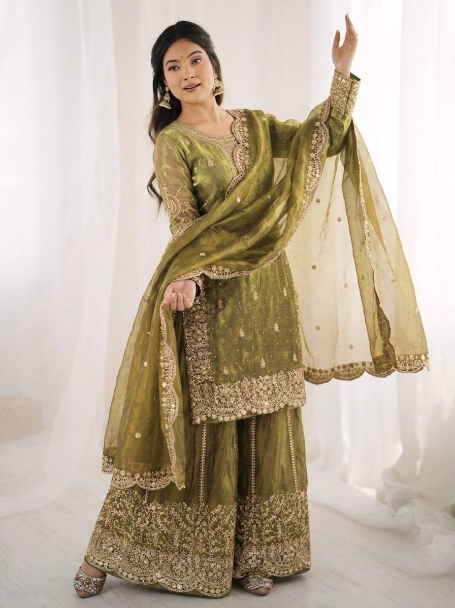 Luxurious Festive Organza Sharara Set Hand Embellished Ethnic Ensemble