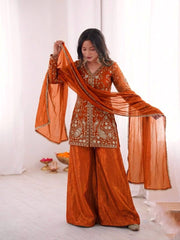 Sophisticated Ethnic Ensemble Embroidered Kurta Flowing Palazzo and Coordinating Dupatta