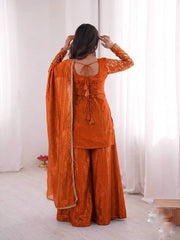Sophisticated Ethnic Ensemble Embroidered Kurta Flowing Palazzo and Coordinating Dupatta