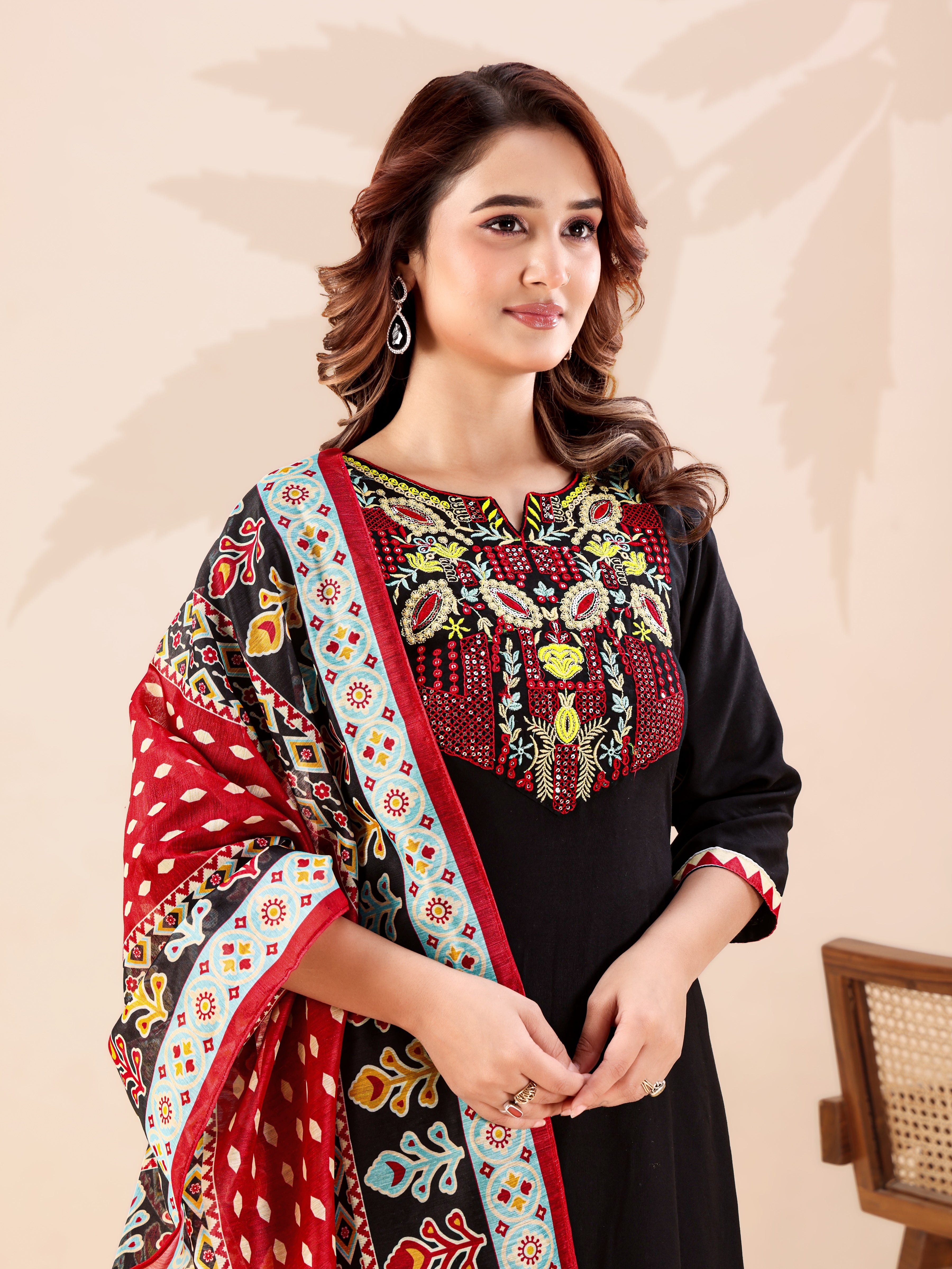 Stylish Black Ethnic Co-ord Set for Women Embroidered Neck Detail Kurti with Comfortable Pants and Dupatta