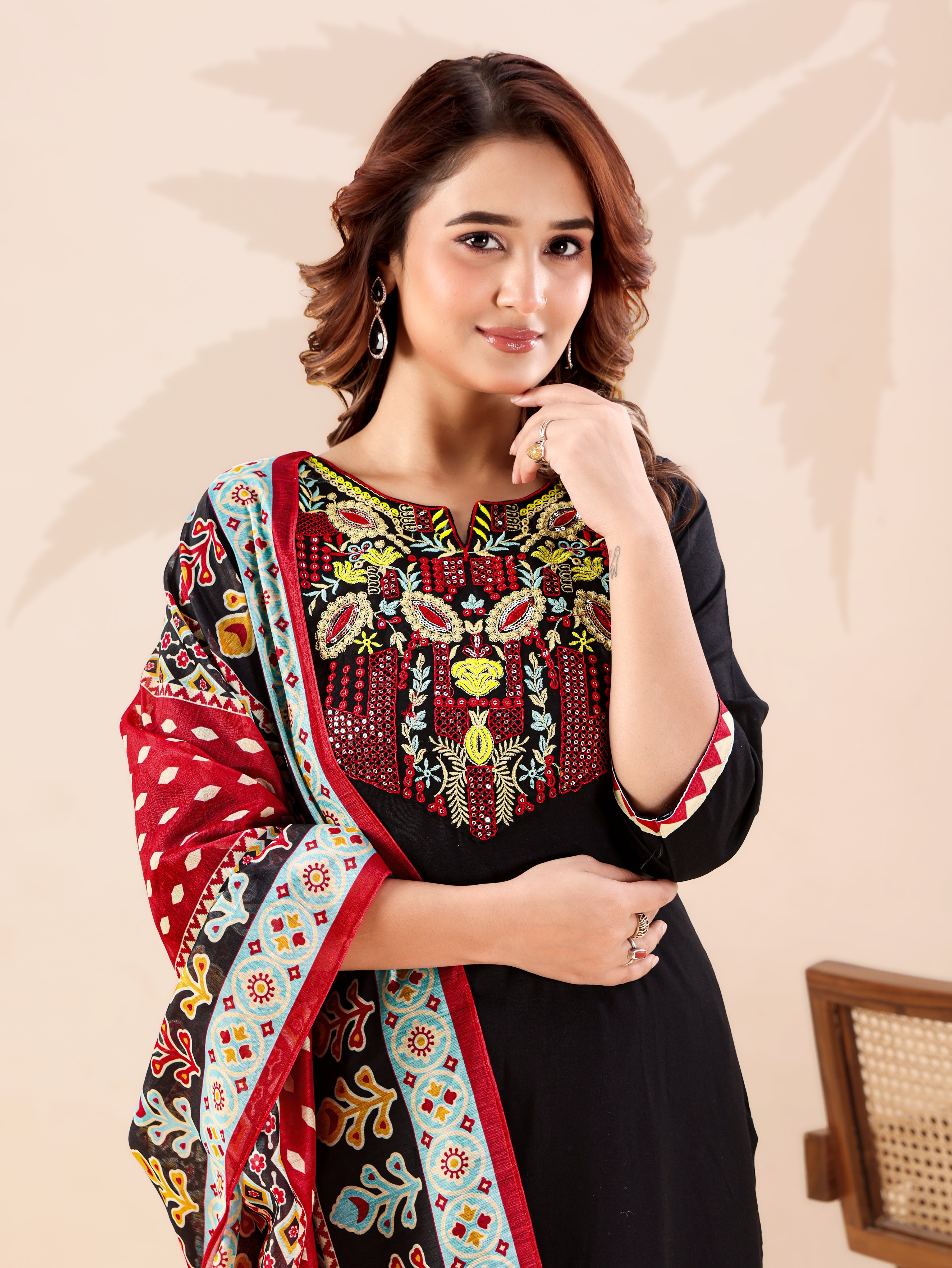 Stylish Black Ethnic Co-ord Set for Women Embroidered Neck Detail Kurti with Comfortable Pants and Dupatta