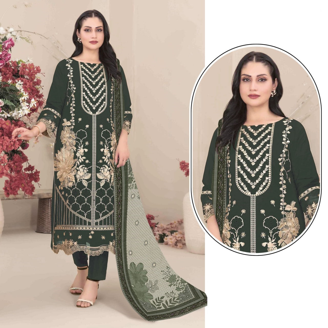 Stylish Festive Ethnic Kurta Pant and Dupatta Set Heavy Thread Work Party Wear