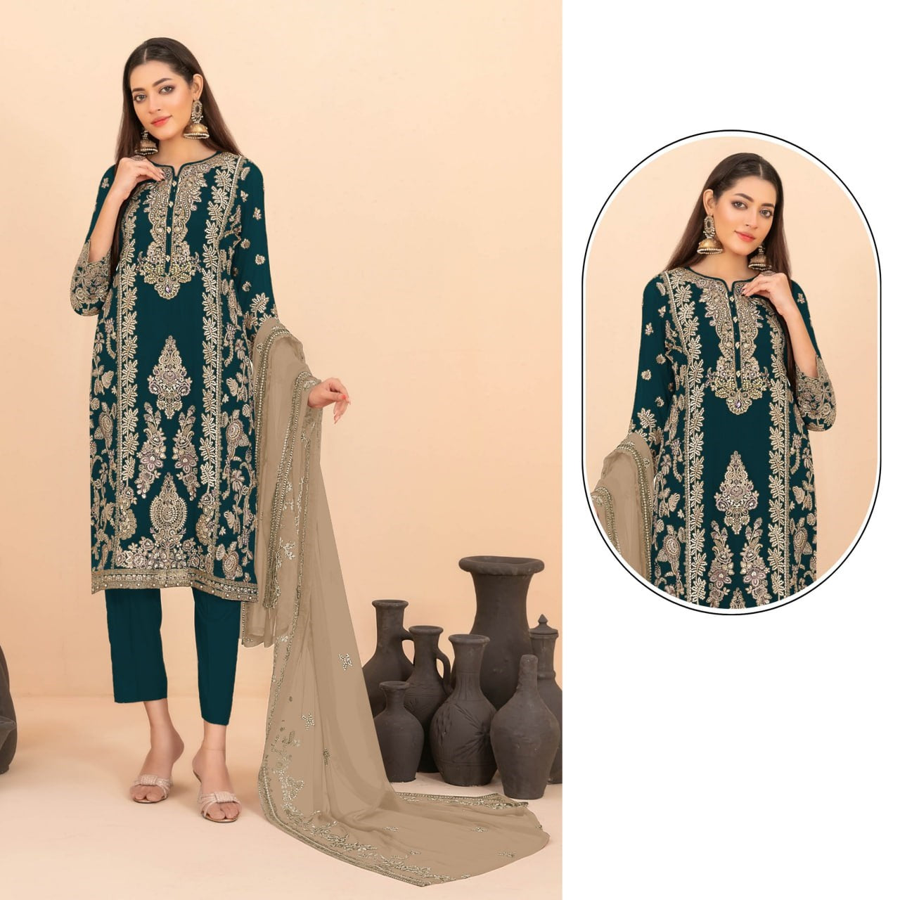 Luxury Ethnic Party Wear Ensemble Intricate Embroidered Kurta Trousers and Soft Dupatta Set