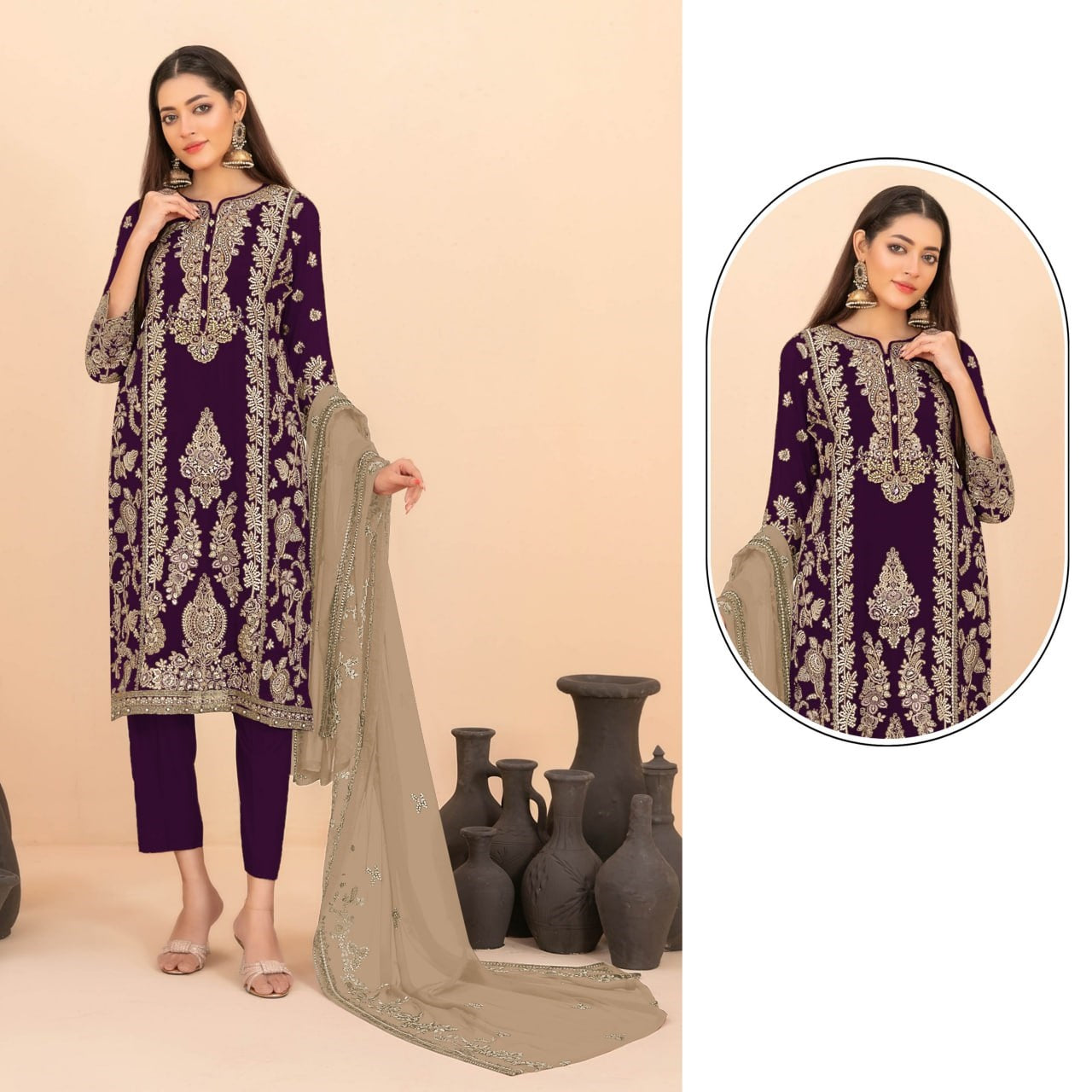 Luxury Ethnic Party Wear Ensemble Intricate Embroidered Kurta Trousers and Soft Dupatta Set