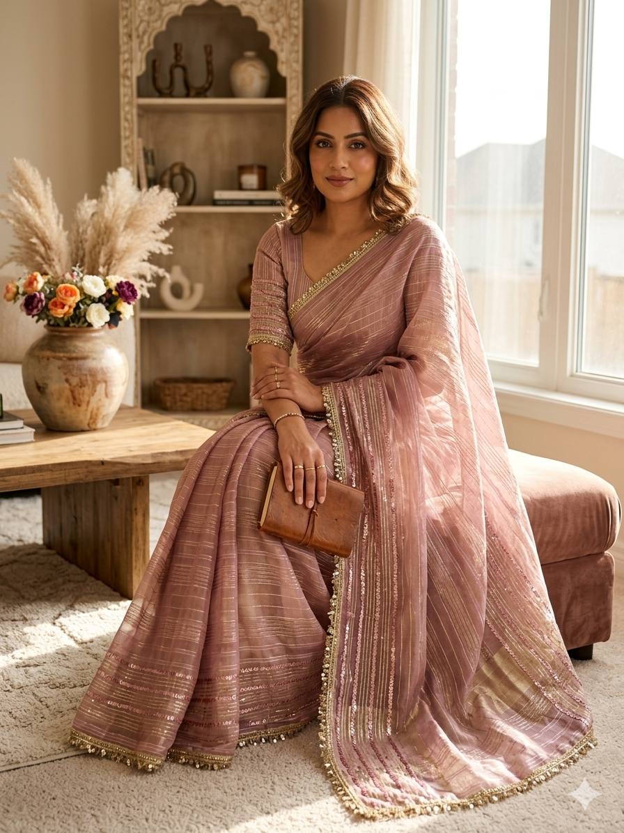 Sophisticated Embellished Organza Saree Set Elegant Festive Attire for Special Occasions