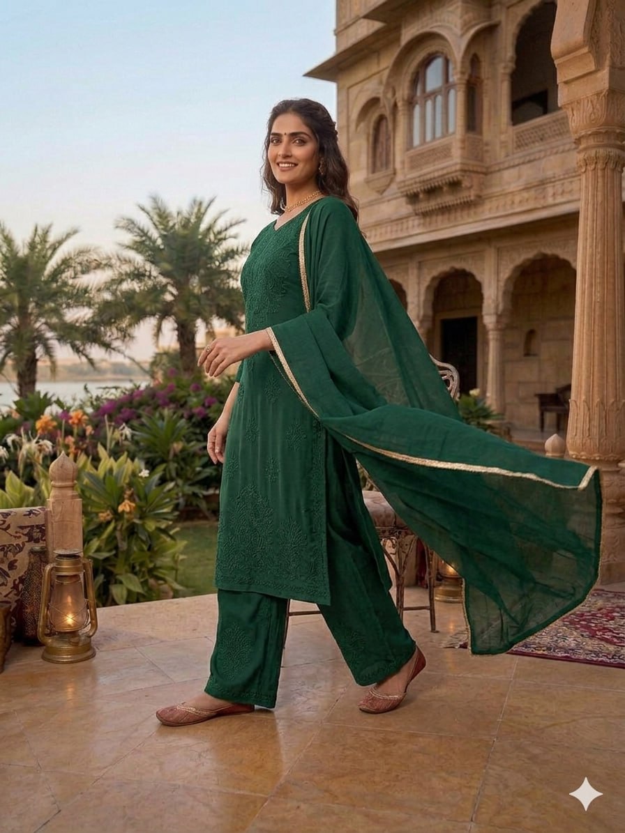 Sophisticated Monochrome Ethnic Suit Intricate Thread Work Kurta Palazzo and Matching Dupatta