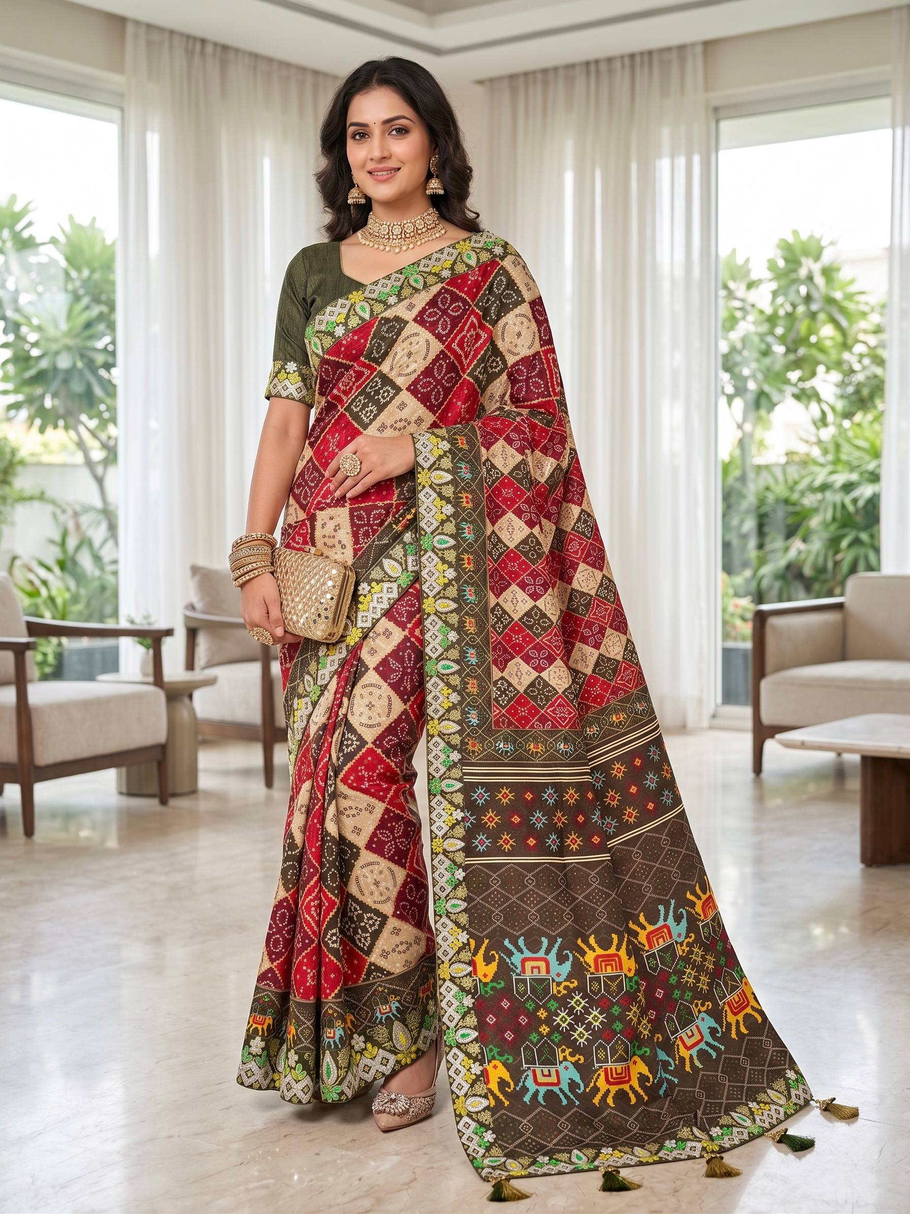 Elegant Patola Style Printed Saree with Elephant Motifs and Ornate Border Designer Festive Drape