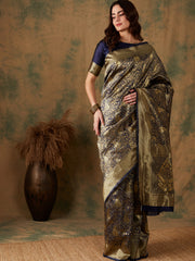 Luxurious Handloom Style Banarasi Saree Classic Ethnic Drape with Elaborate Gold Border