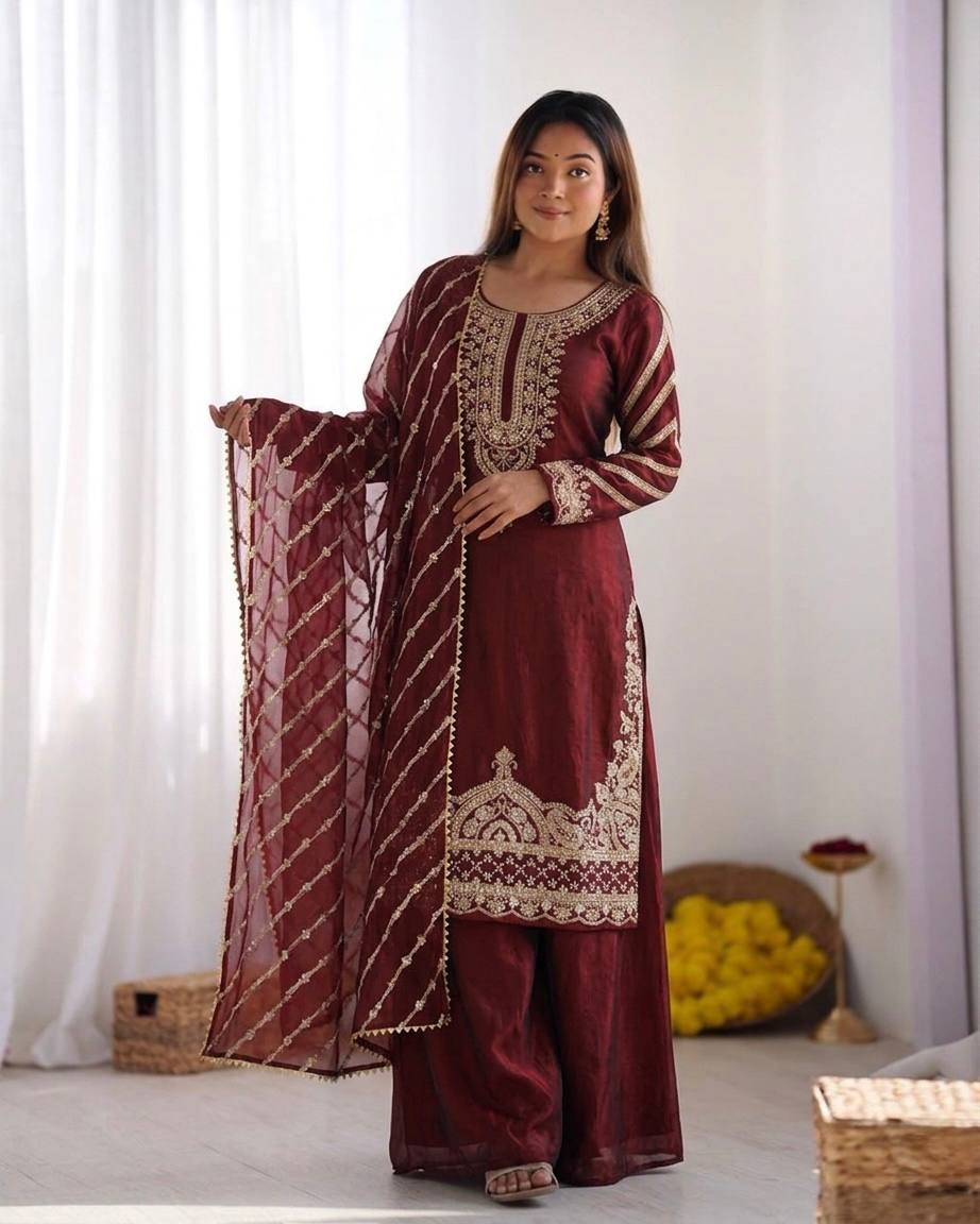 Sophisticated Festive Ethnic Ensemble Featuring Intricate Embroidery and Detailed Dupatta