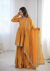 Contemporary Striped Peplum Sharara Set Stylish Festive Wear with Gota Detail