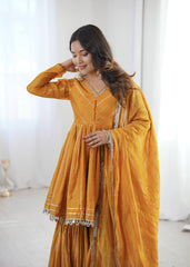 Contemporary Striped Peplum Sharara Set Stylish Festive Wear with Gota Detail