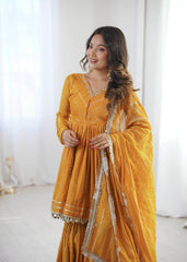 Contemporary Striped Peplum Sharara Set Stylish Festive Wear with Gota Detail