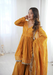Contemporary Striped Peplum Sharara Set Stylish Festive Wear with Gota Detail