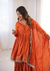 Contemporary Striped Peplum Sharara Set Stylish Festive Wear with Gota Detail