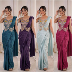 Contemporary Pre Draped Saree with Heavy Thread Work Blouse Perfect for Festive Weddings