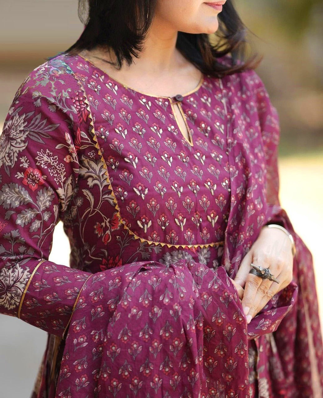 Maroon Rayon Printed Kurti Pant Dupatta Set