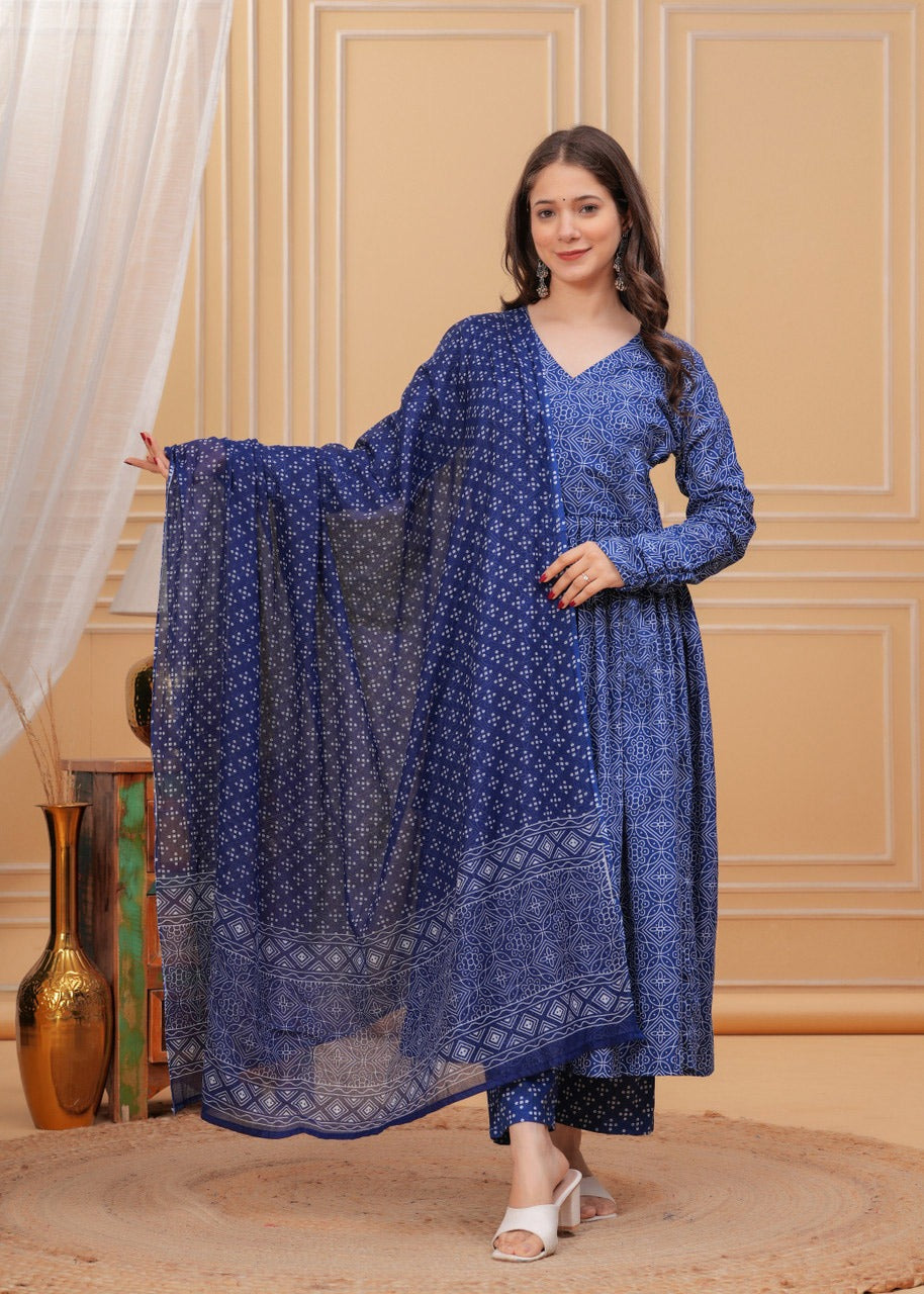 Blue Rayon Printed Kurti Pant Dupatta Set