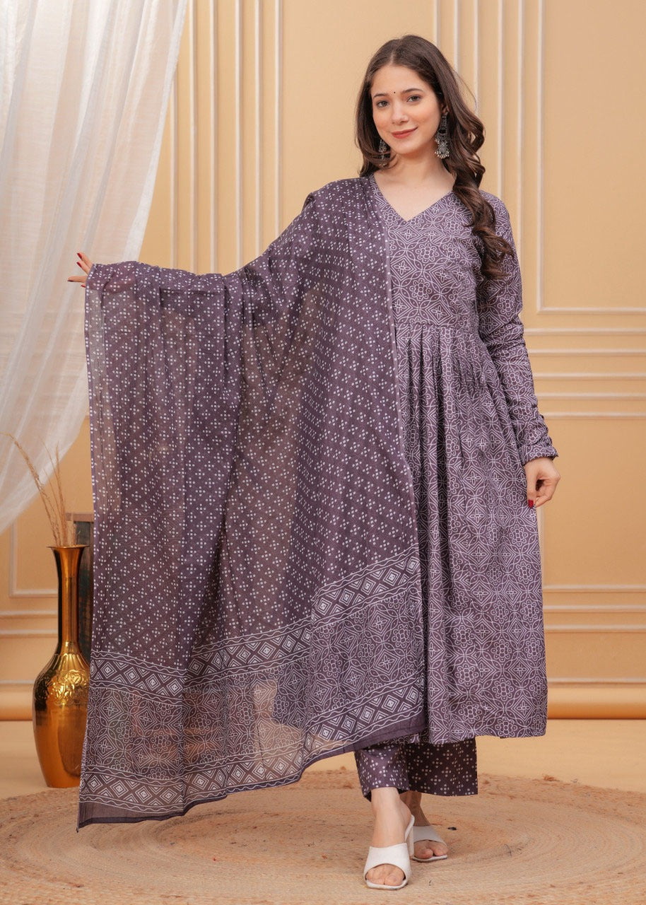 Purple Rayon Printed Kurti Pant Dupatta Set