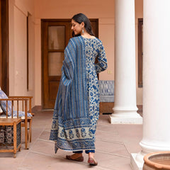 Navy Blue Rayon Printed Kurti Pant Dupatta Set