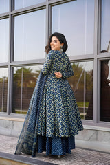 Navy Blue Rayon Printed Kurti Pant Dupatta Set