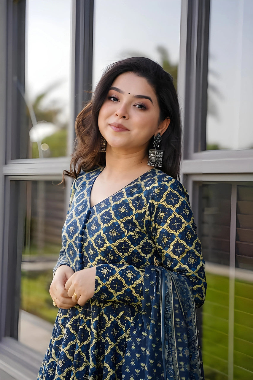 Navy Blue Rayon Printed Kurti Pant Dupatta Set