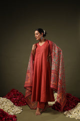 Rust Rayon Printed Kurti Pant Dupatta Set